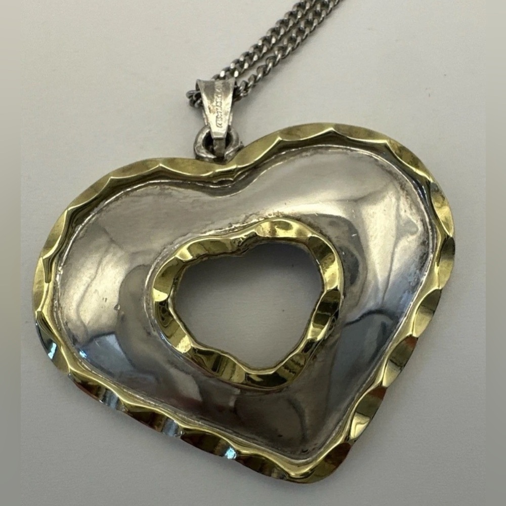 Sterling Silver 925 Two Tone Heart Pendant Necklace 18" 18k gf Chain Silver Gold